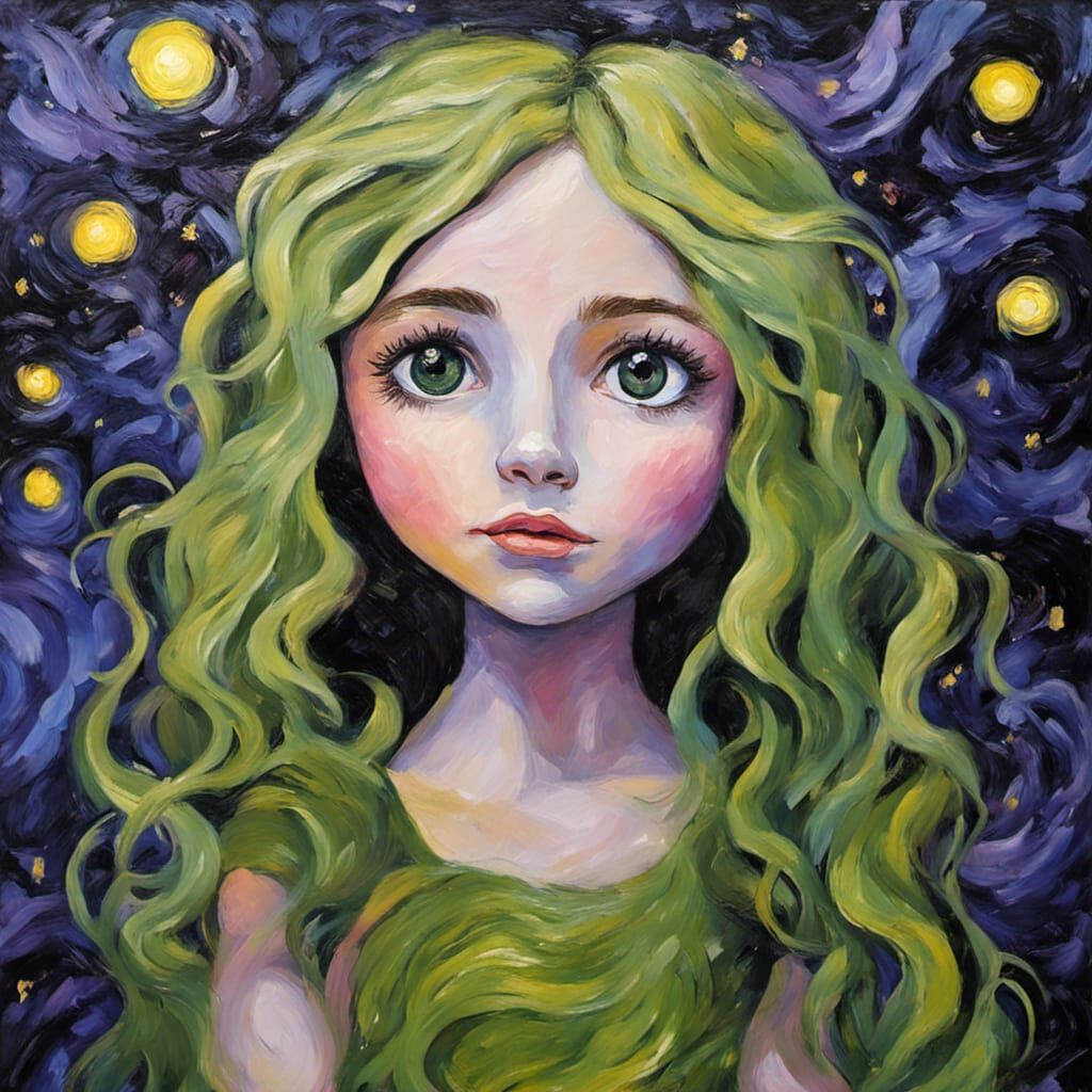 Fairy Girl with Green Hair, Neo-Impressionist Painting