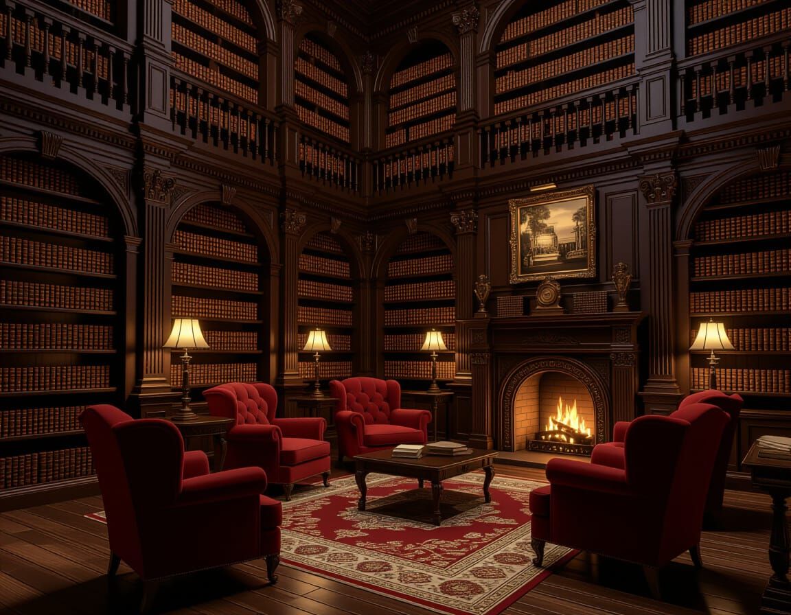 Ancient Library Interior with Fireplace in Photorealistic St...