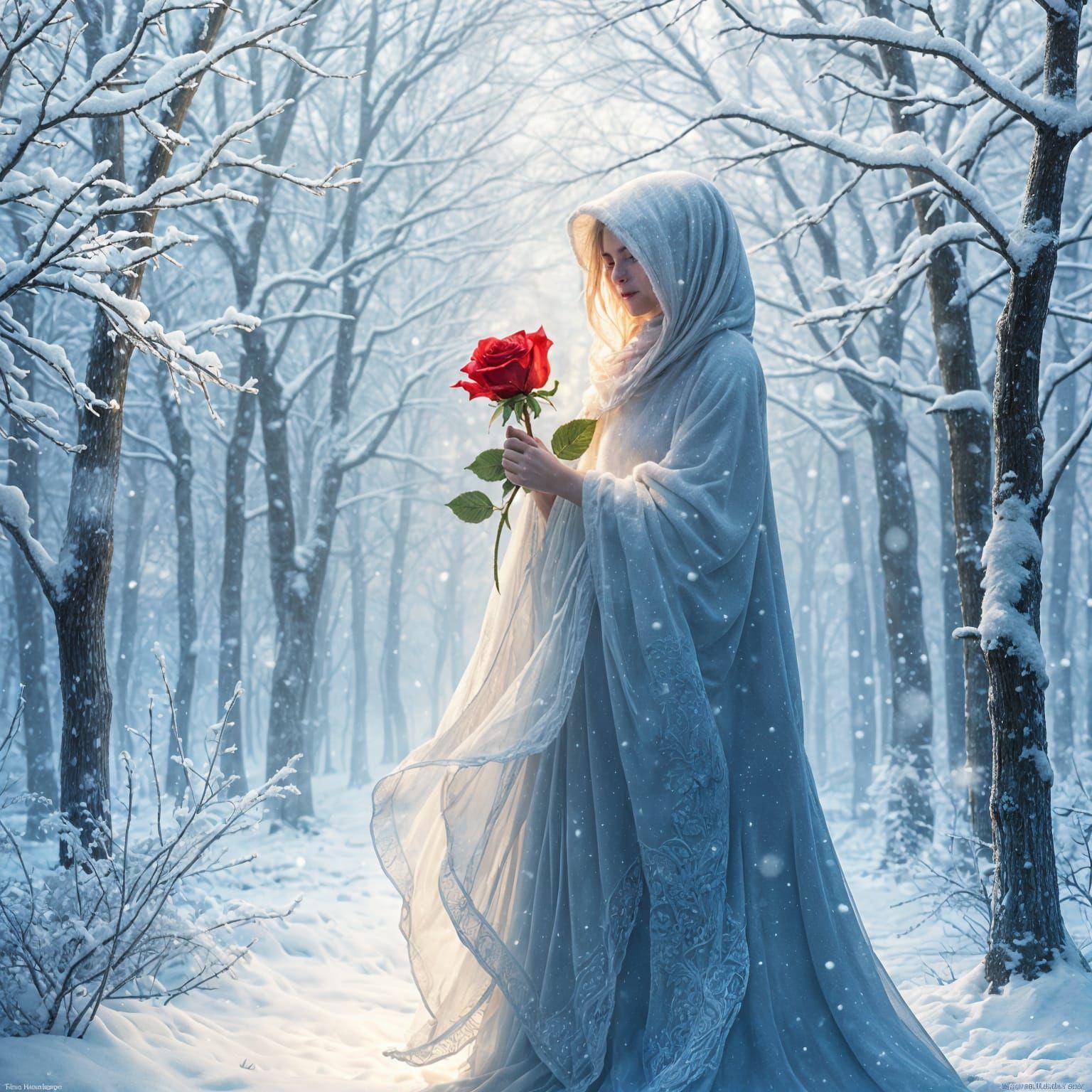 Ethereal Enchantress in Snowy Paradise with Vibrant Rose