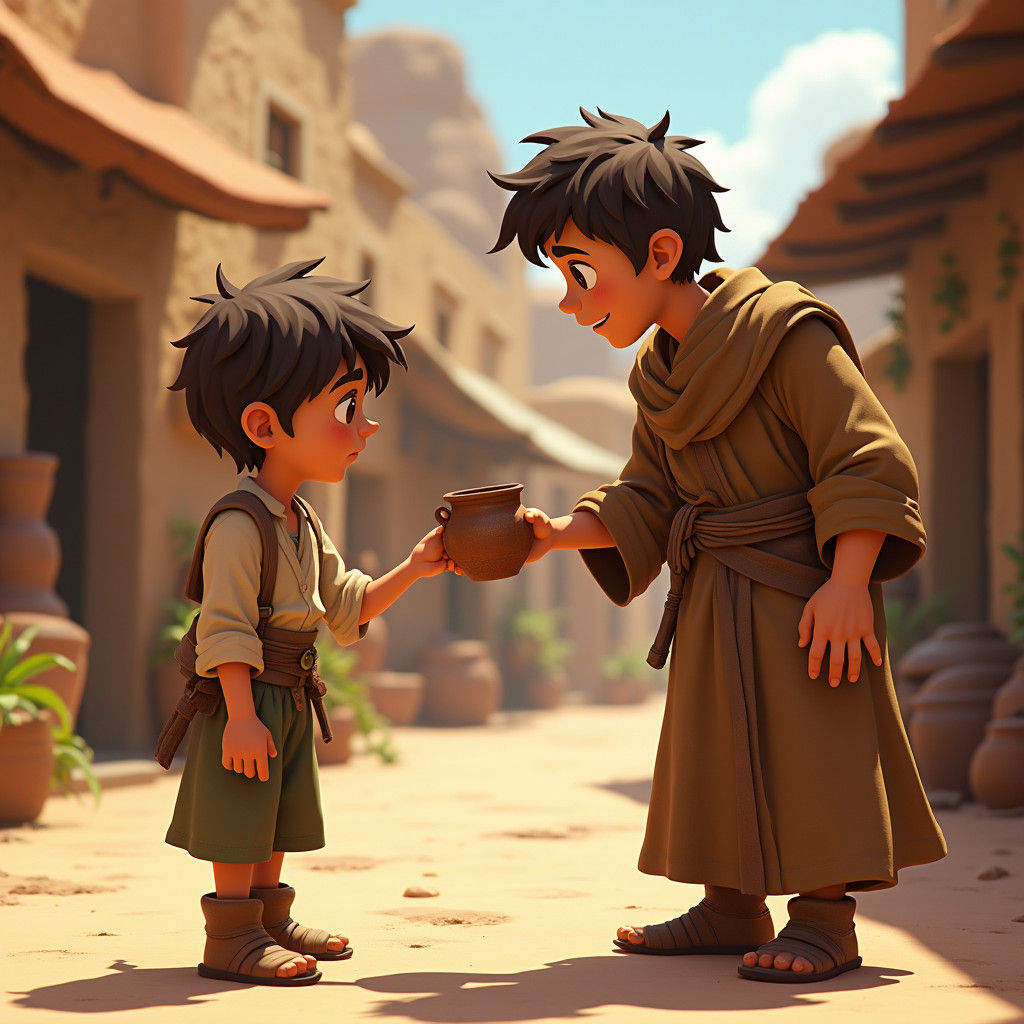 Boy Offers Water to Traveler in 3D Cartoon Style