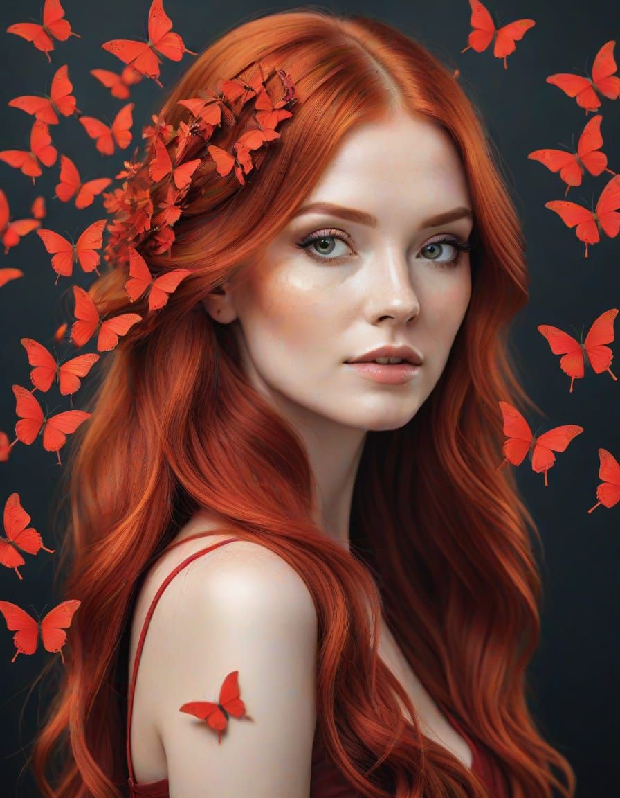 Red Haired Woman with Butterflies in Professional Style