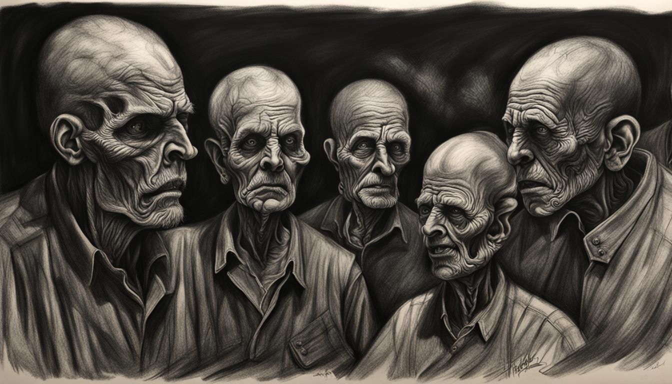 Nightmarish Four-Headed Family: Hyperdetailed Charcoal Drawi...