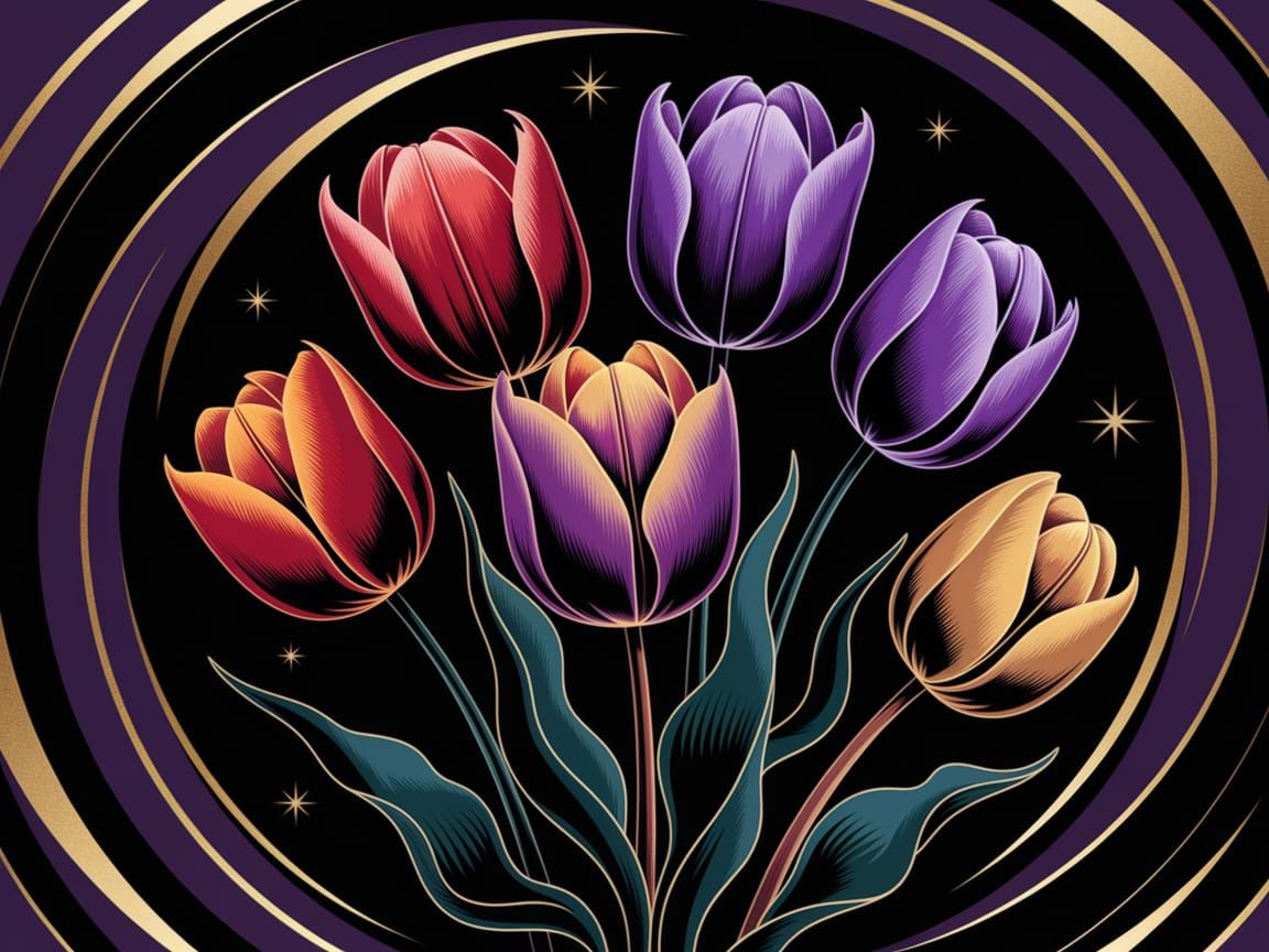 Vibrant Tulip Bouquet in Metallic Style