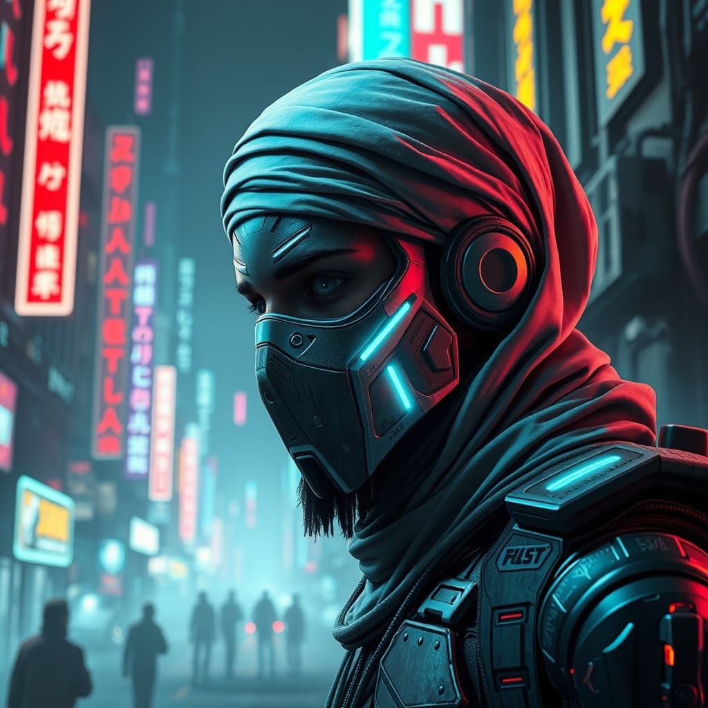 Futuristic Muslim Avatar in Cyberpunk Cityscape