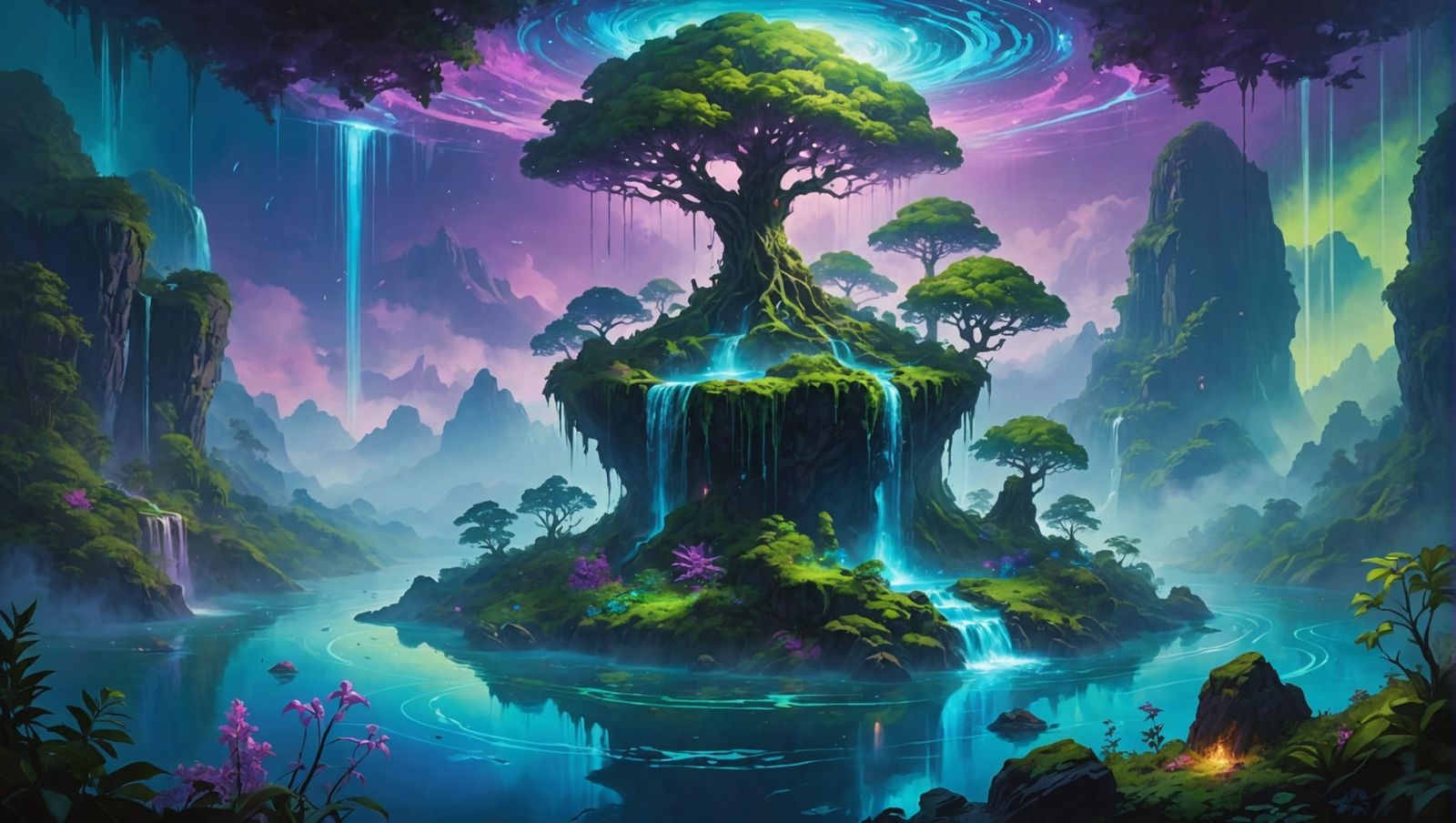 Bioluminescent Floating Island in a Surreal Painting