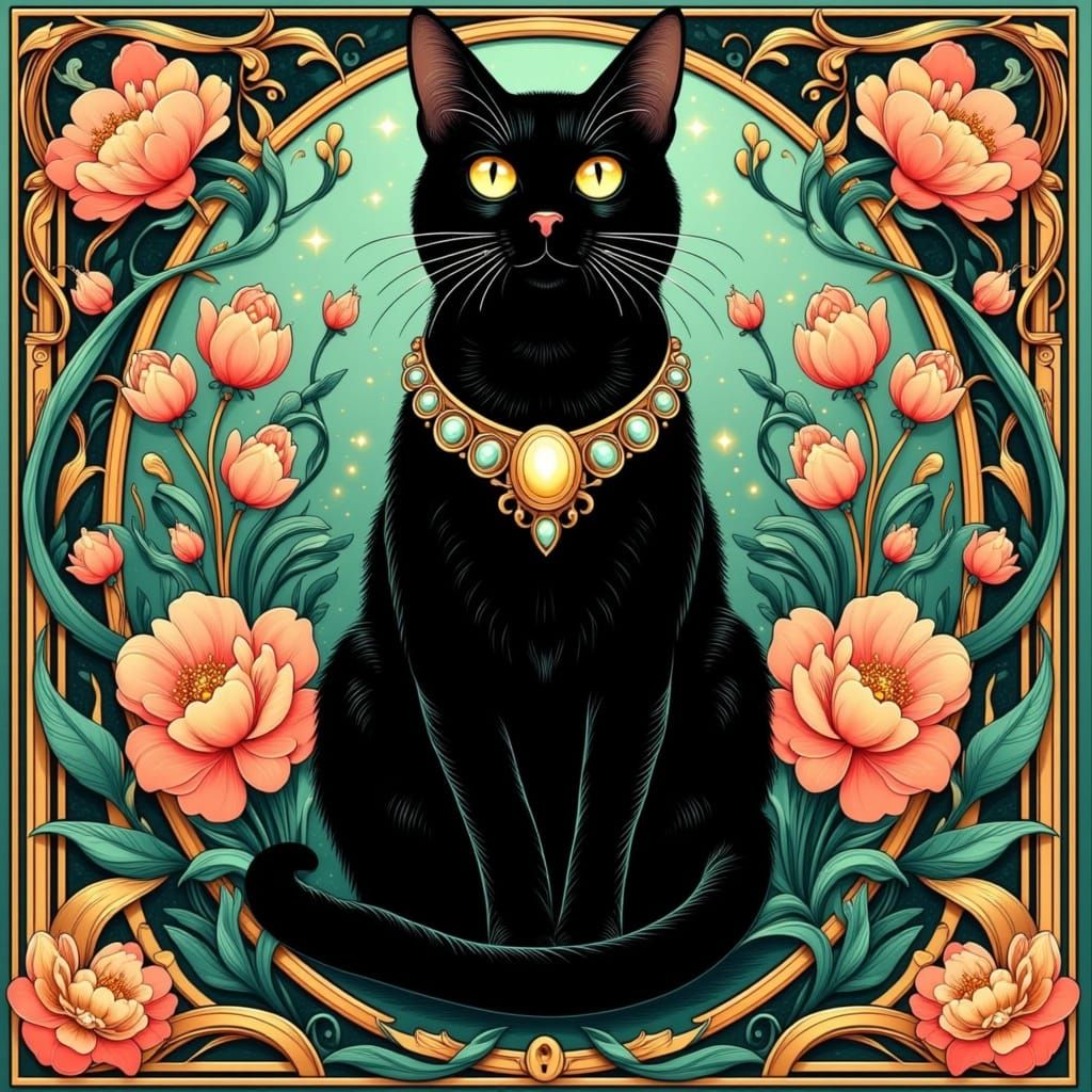 Regal Black Cat Portrait in Neo-Traditional Art Nouveau Styl...