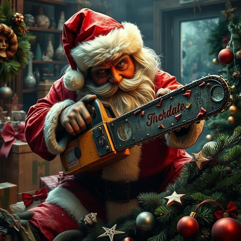 Decaying Santa Chops Tree with Chainsaw in Splash Art Style