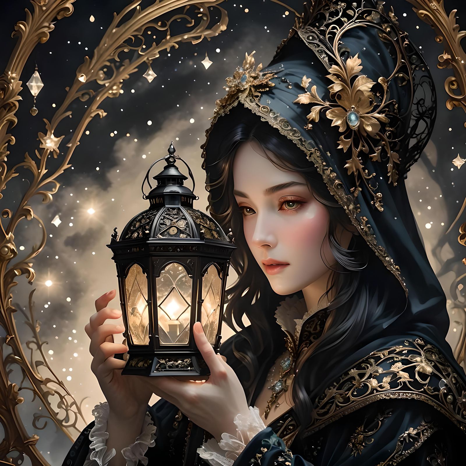 Ornate Lantern Held in Starry Night