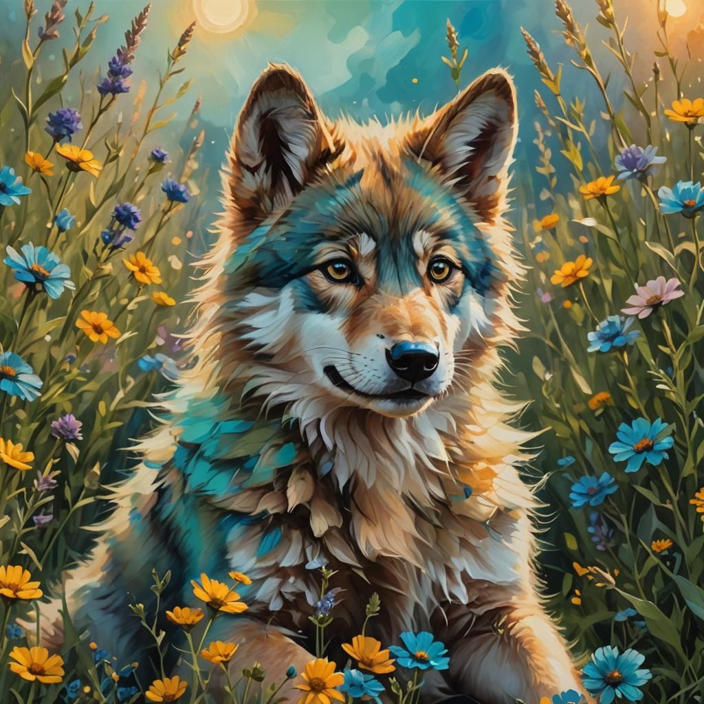 Adorable Baby Wolf Portrait in Oil Painting Style