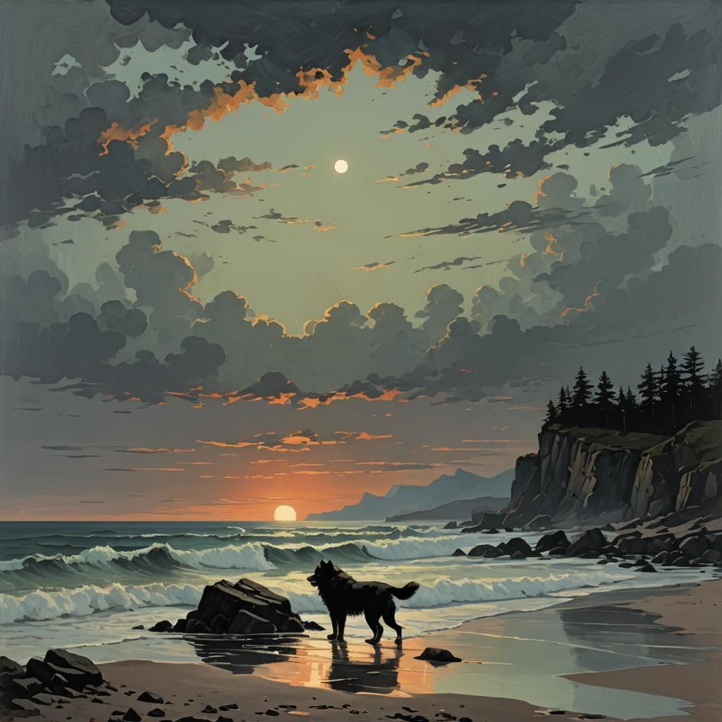 Werewolf Seascape Gouache Painting at Dawn