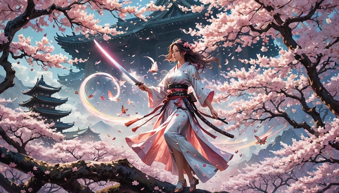 Rainbow Cherry Blossom Samurai in Surreal Anime Style