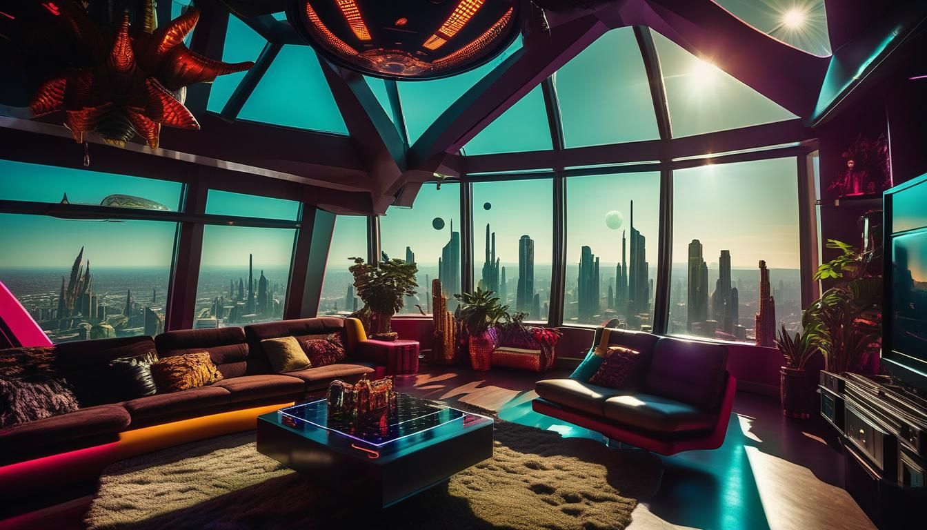 Solar Punk Penthouse Interior with Alien City View