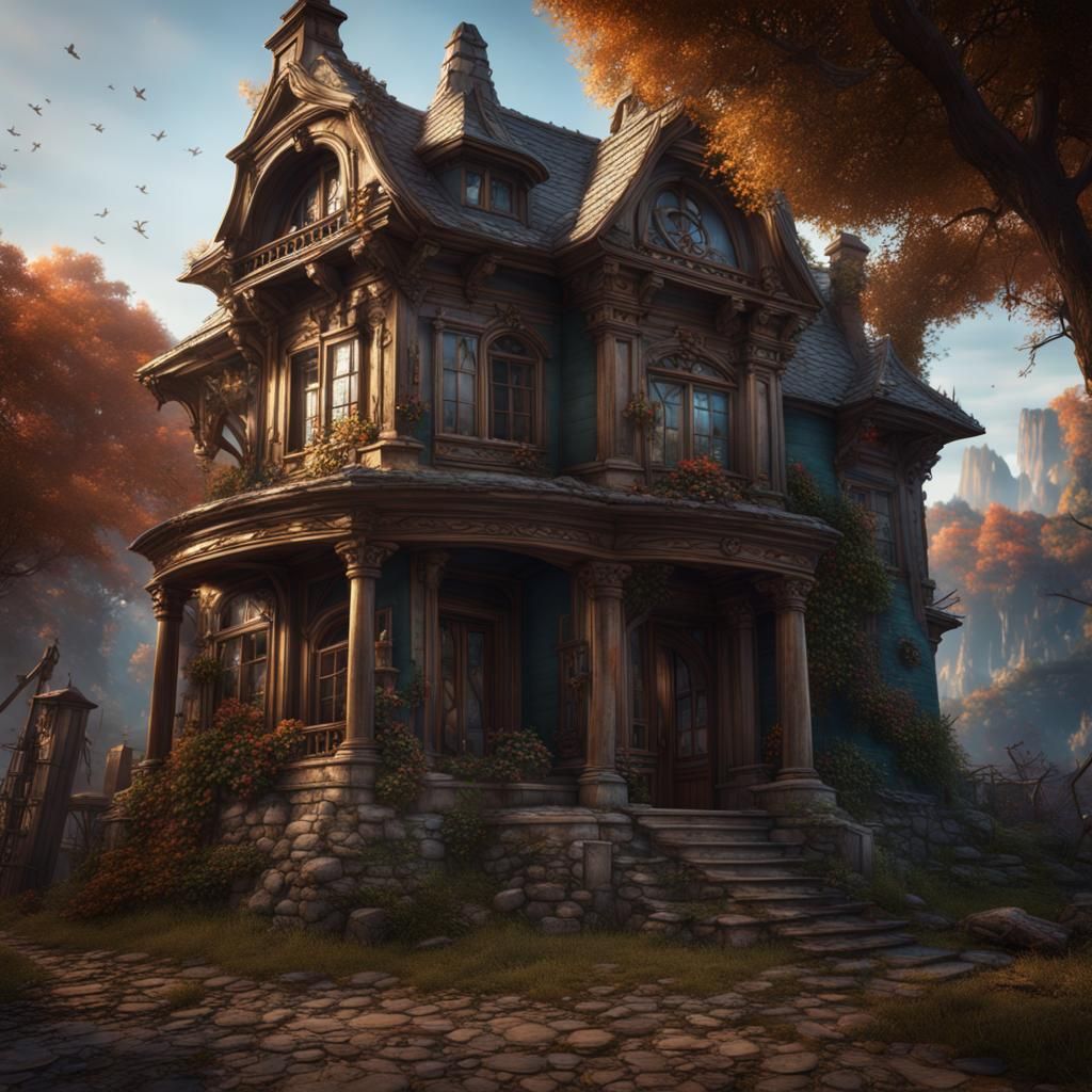 Beautiful House with Broken Shutter in Detailed Matte Painti...