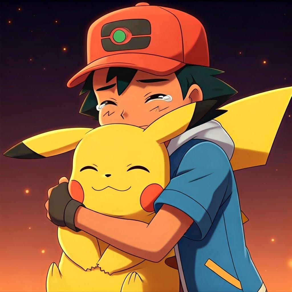 Emotional Reunion: Ash and Pikachu in Anime Style