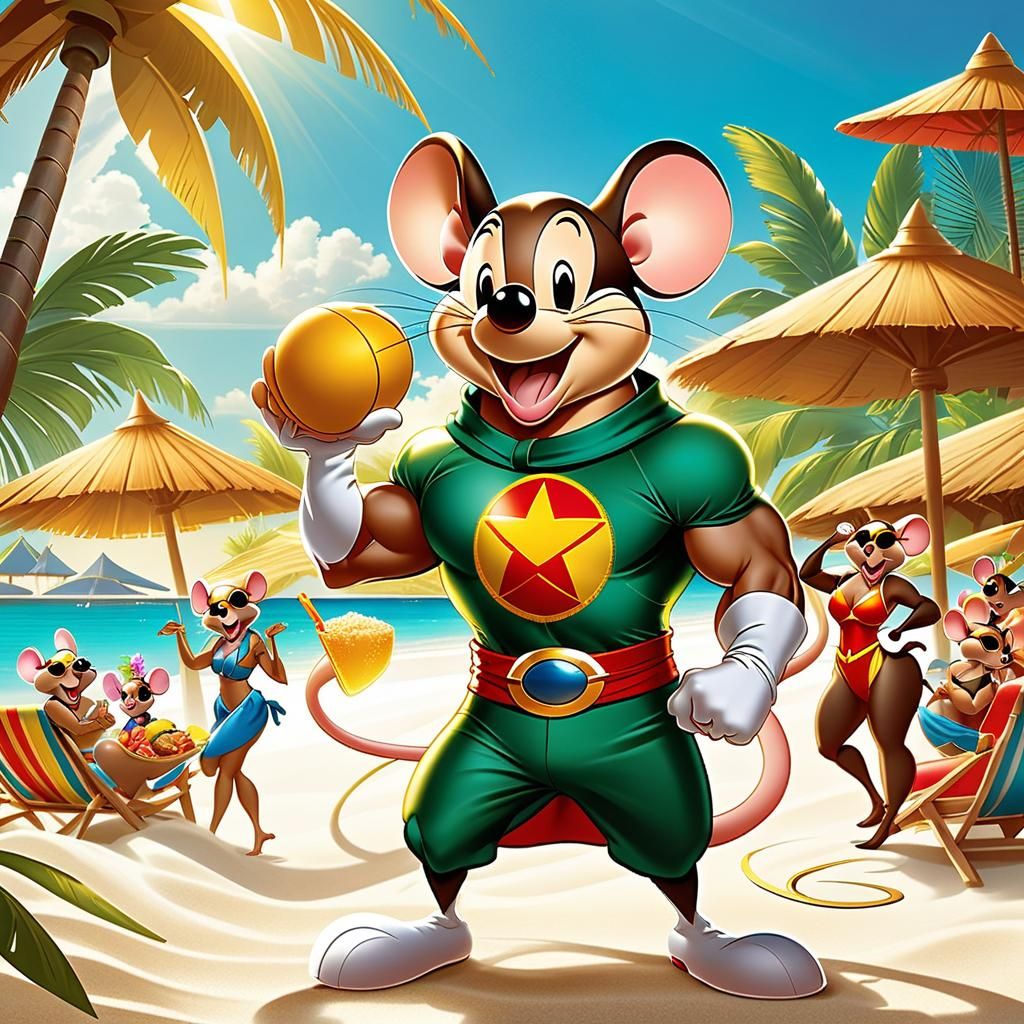 Mighty Mouse playing bocce ball on a Caribbean beach with all his female fans.