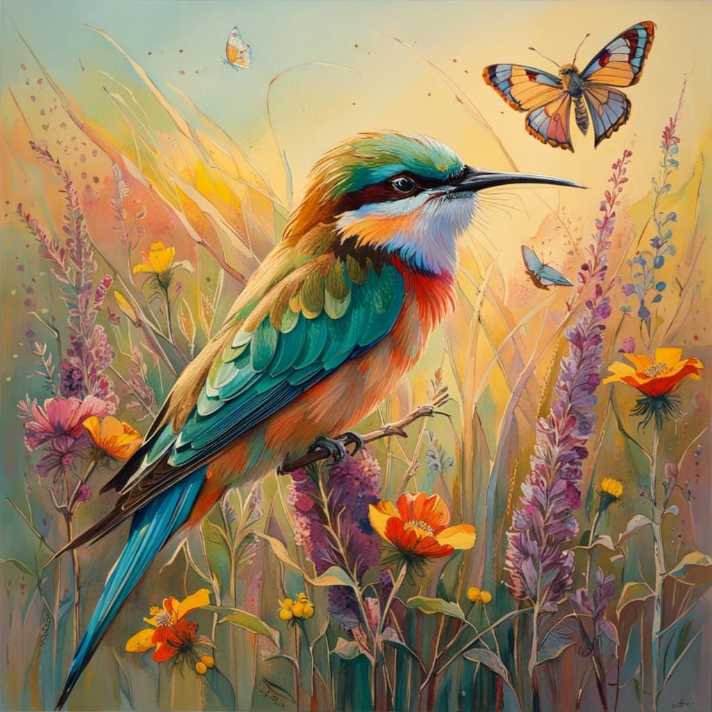 Bee Eater with Wildflowers in Impressionist Style
