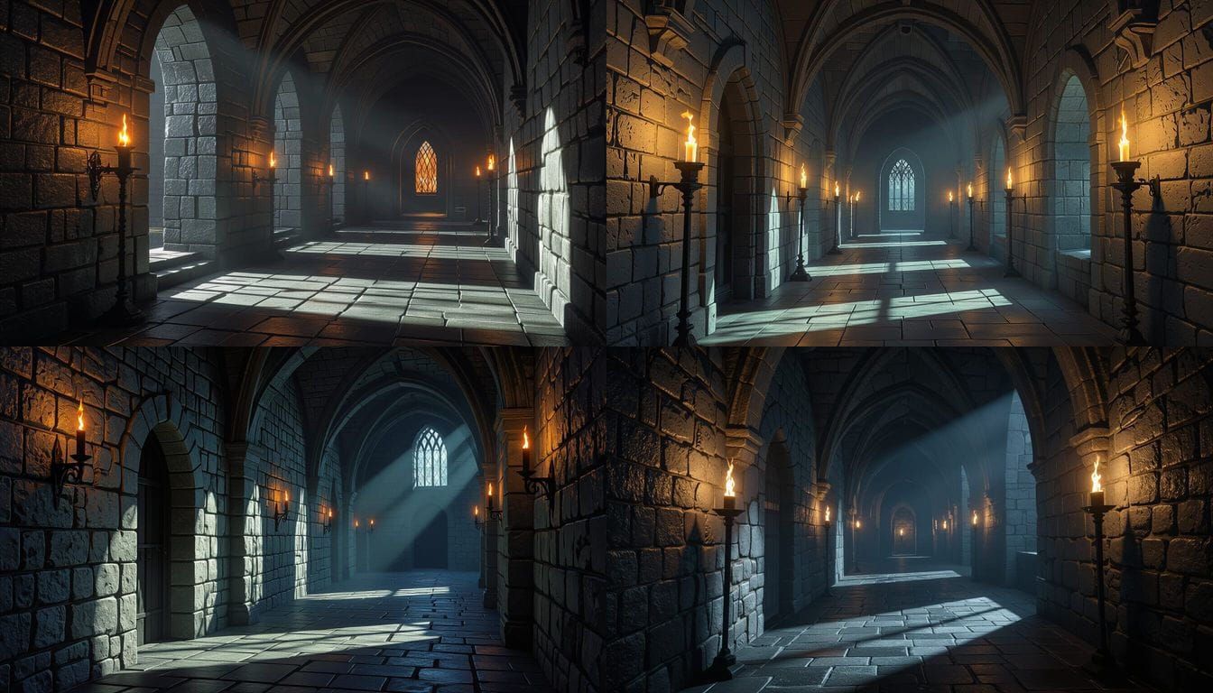 Castle Hallway with Flickering Torchlight and Deep Shadows