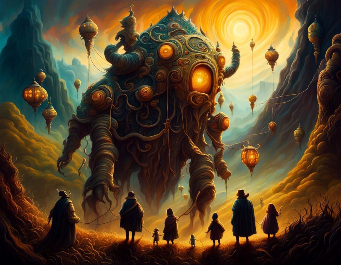 Monsters Manipulating Humans in Surreal Oil Painting