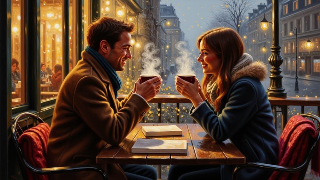 Parisian Cafe: A Romantic Oil Painting of a Couple