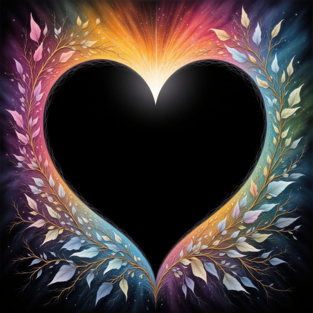 Aesthetic Black Heart in Circle with Rainbow Fragments