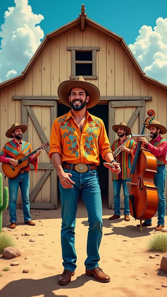 Energetic Tex-Mex Band Performing in Desert Landscape