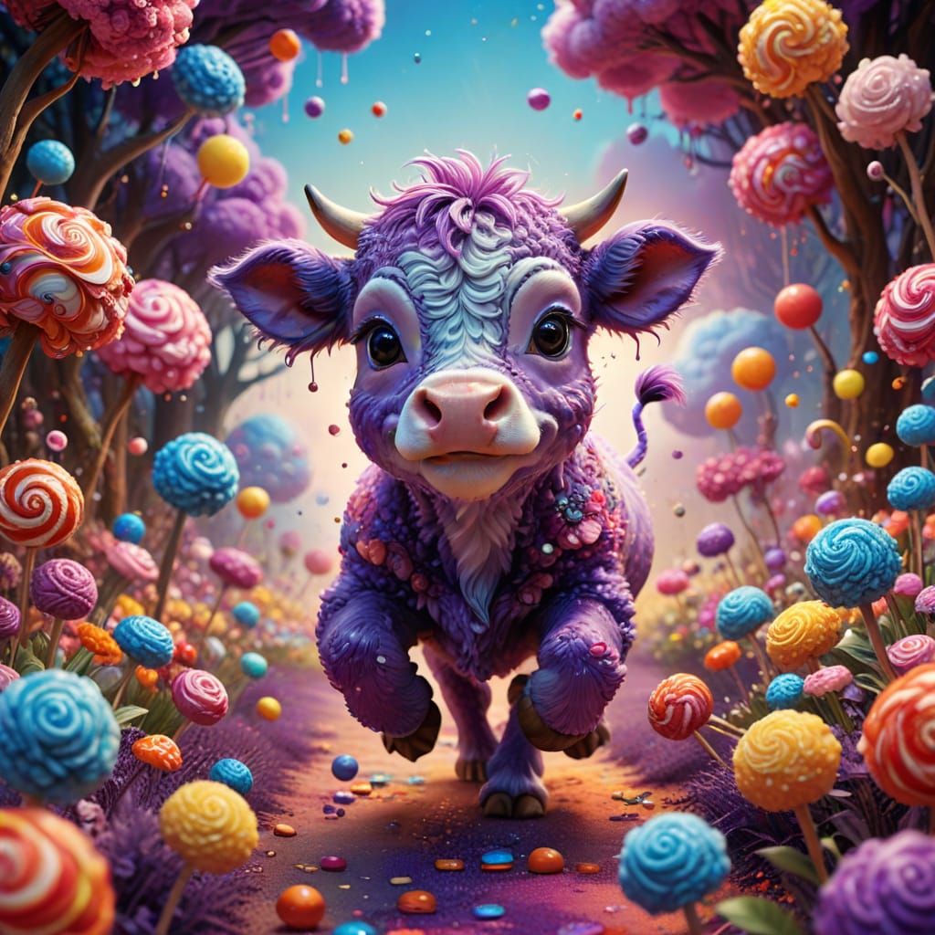 Chibi Purple Cow Runs Through Candy Land