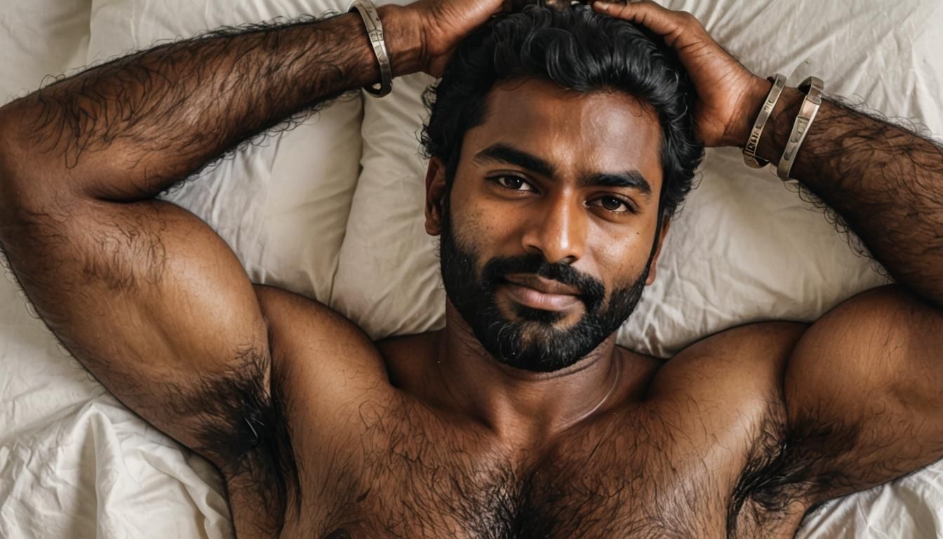 South Indian Man with Stubble Beard Lying in Bed