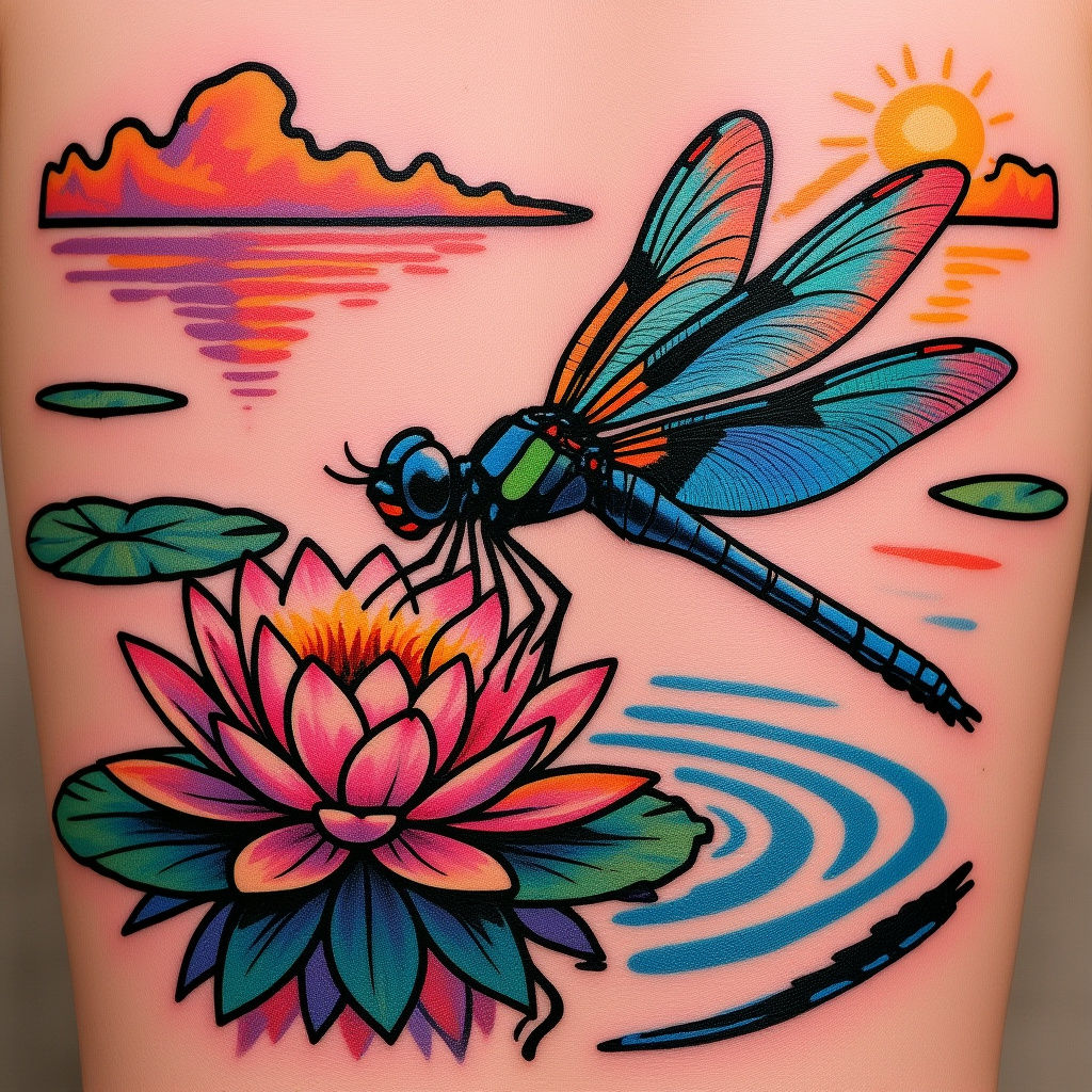 Neon Dragonfly Tattoo with Lotus Flower