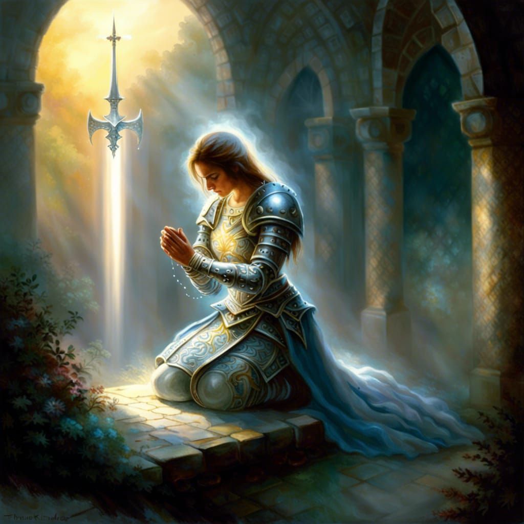 Woman Knight kneeling before God  in prayer.