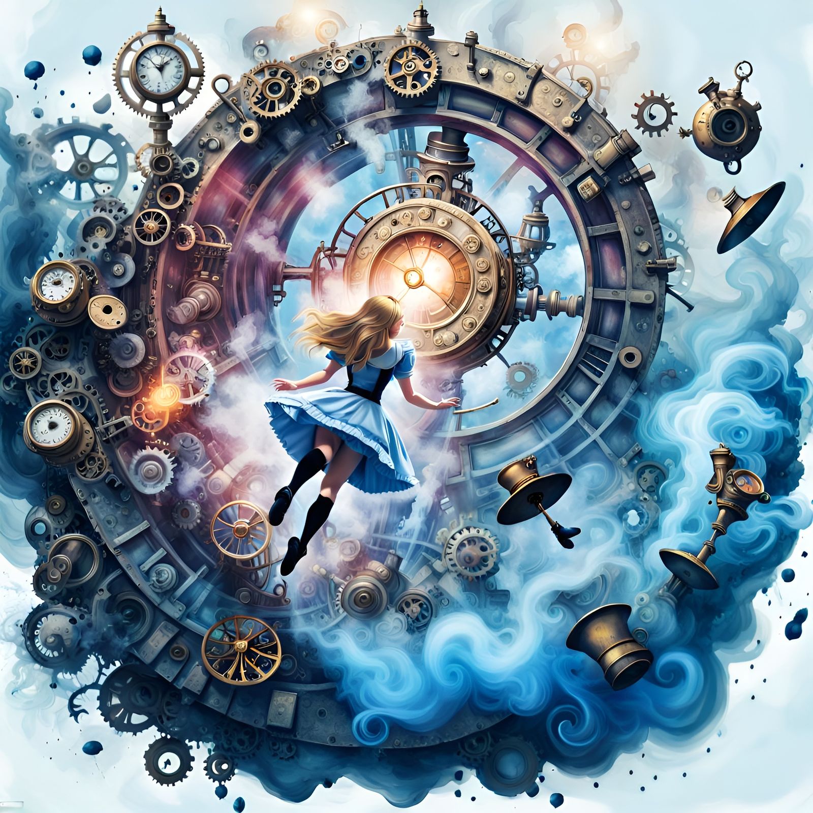 Alice in Wonderland Steampunk Illustration with Ink Elements