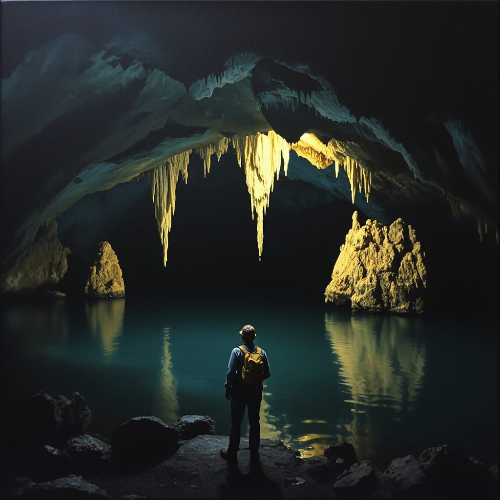 Dark Cave Depths Illuminated by Headlamp Glow