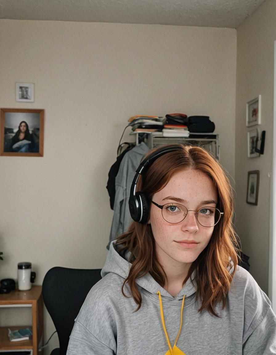 Teenage Girl with Headphones in Dark Bedroom