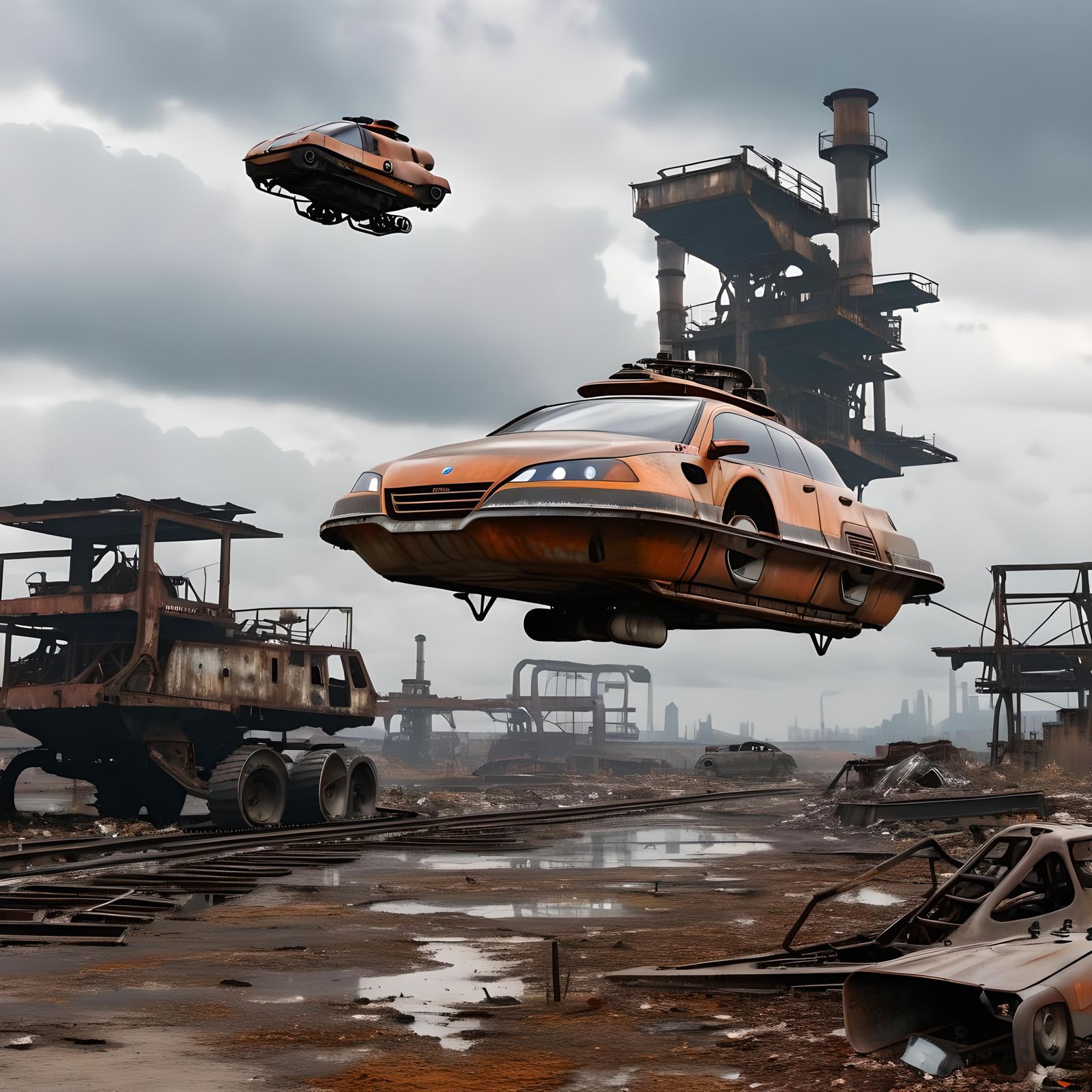 Metallic Hovercar Soaring Over Wasteland
