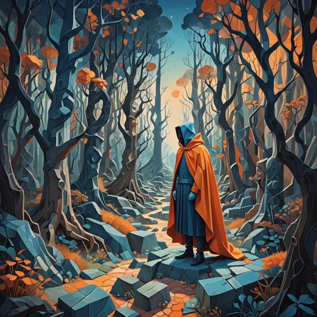 Cubist Fantasy Landscape with Cloaked Figure