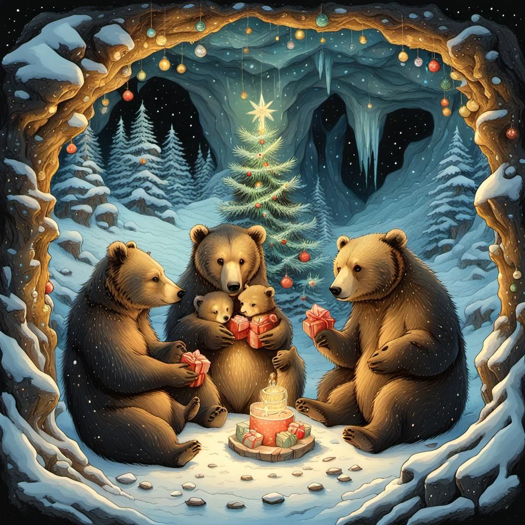 Bear Family Celebrates Christmas in Forest Cave