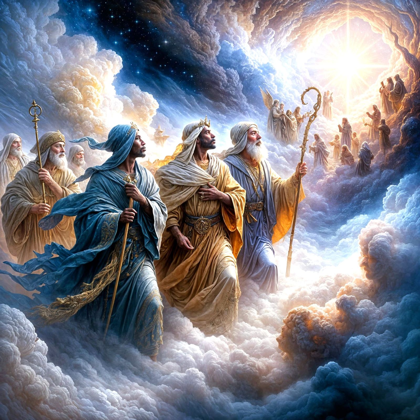 Three Wise Men Following Star of Bethlehem in Misty Landscap...