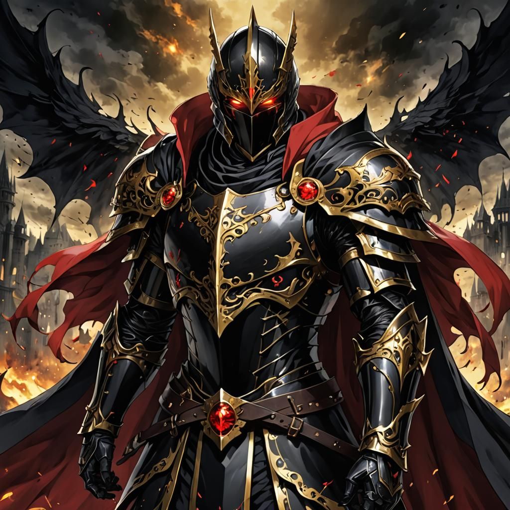 Menacing Black and Gold Knight in Anime Style