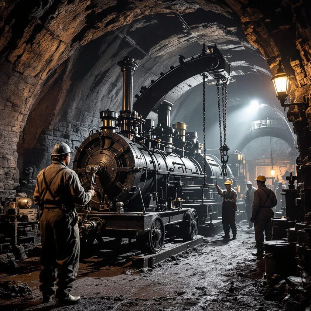 Newcomen's Atmospheric Engine Powers Bustling Coal Mine