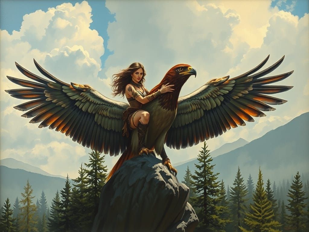 Barbarian Queen Rides Falcon in Tenebrous Forest