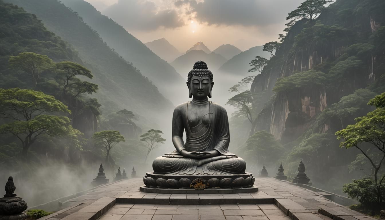 Serene Buddha Statue in Misty Mountain Landscape