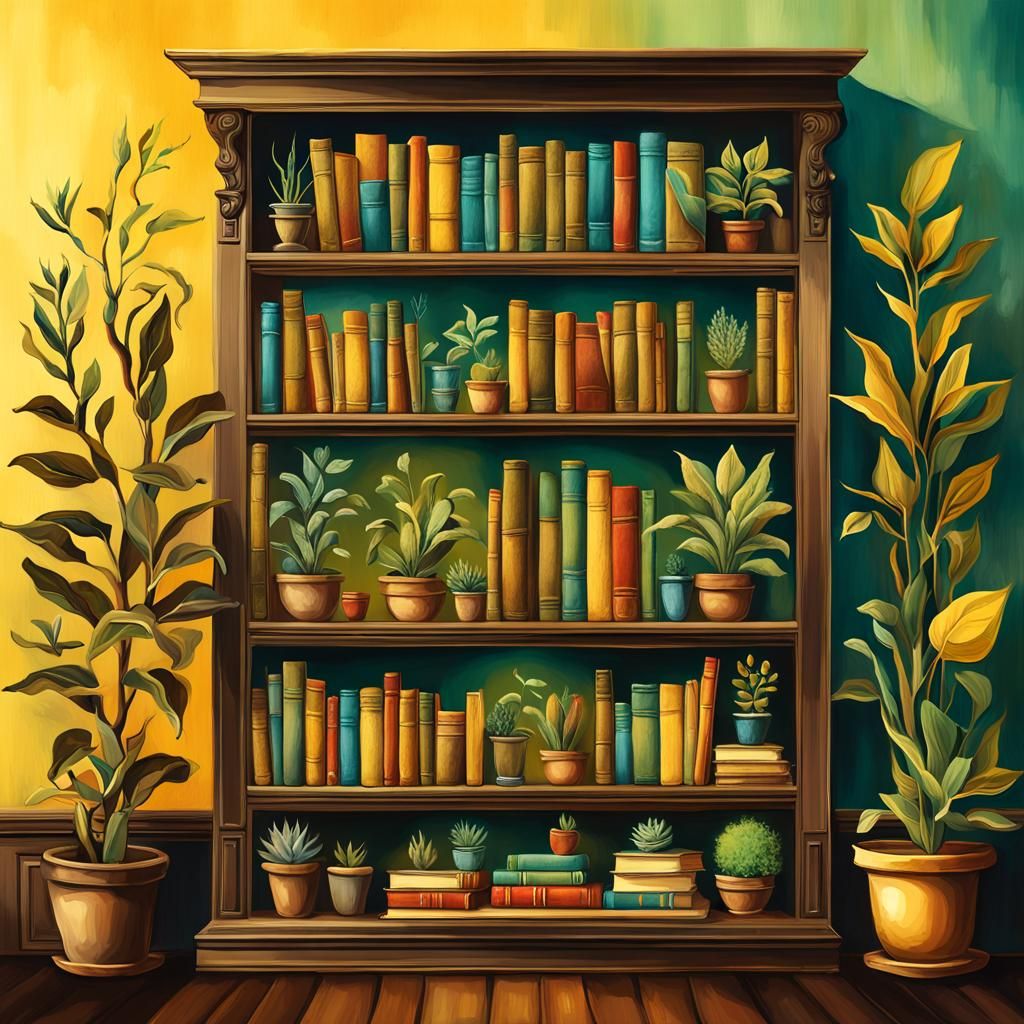 Surreal Bookshelf with Plants in Soft Lighting