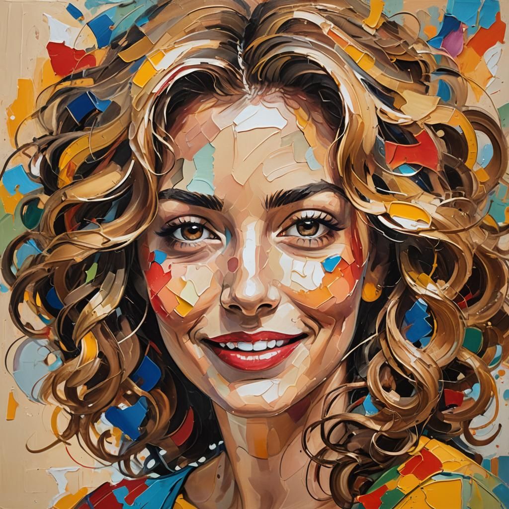 Abstract Expressionism Portrait: Curled Hair, Smiling Face