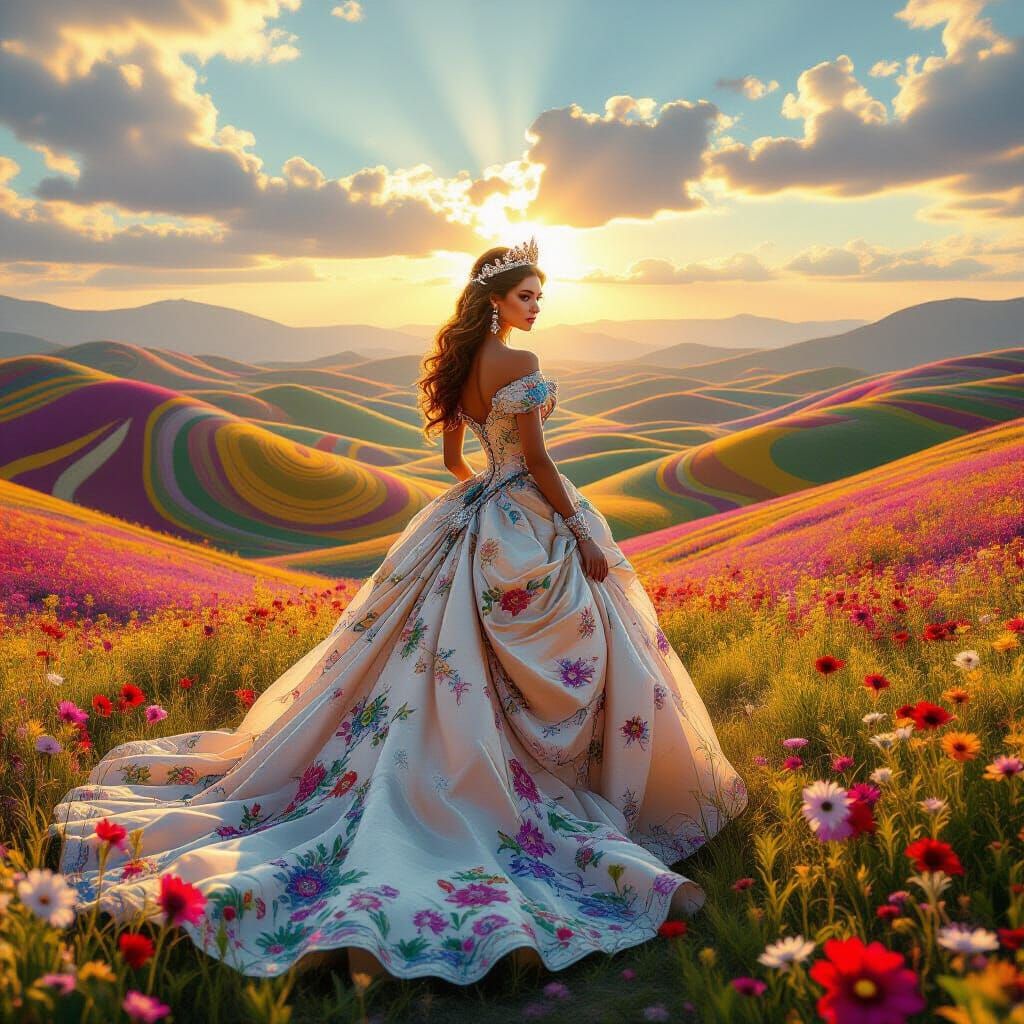 Psychedelic Princess in Jewel Gown Amidst Surreal Hills