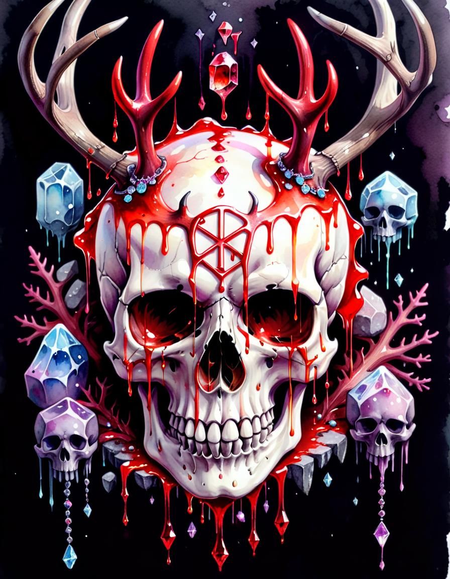 Pastel Goth Skull with Antlers and Runes in Watercolour