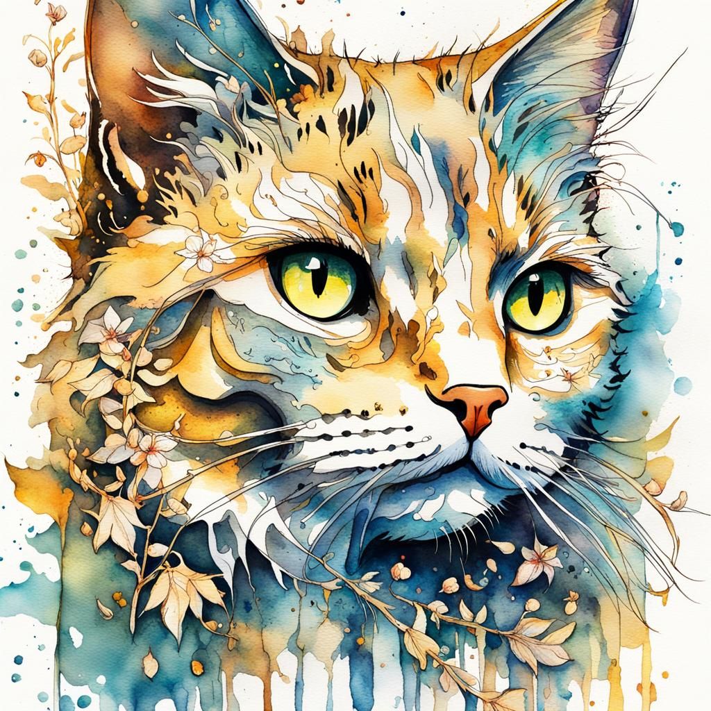 Adorable Kitty Cat in Watercolor Wonderland