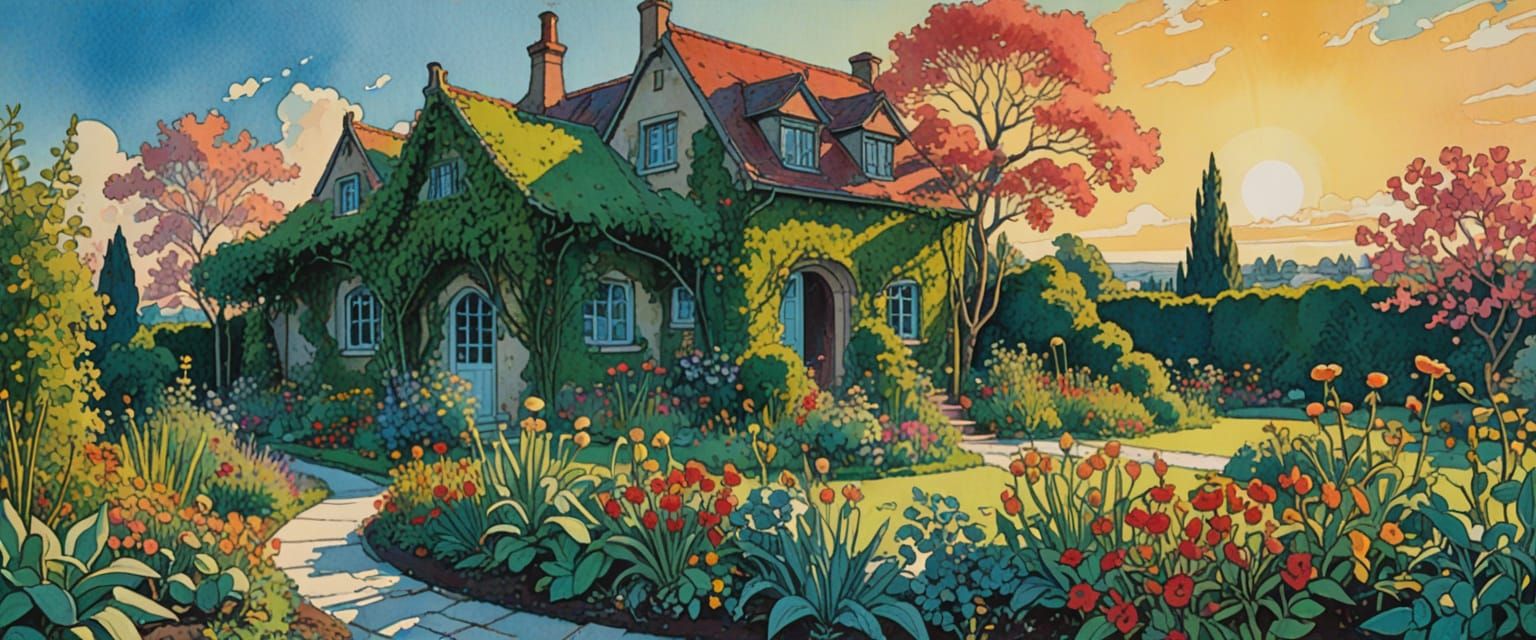 Cheerful Garden in Early Morning Sunlight, Watercolor and Go...