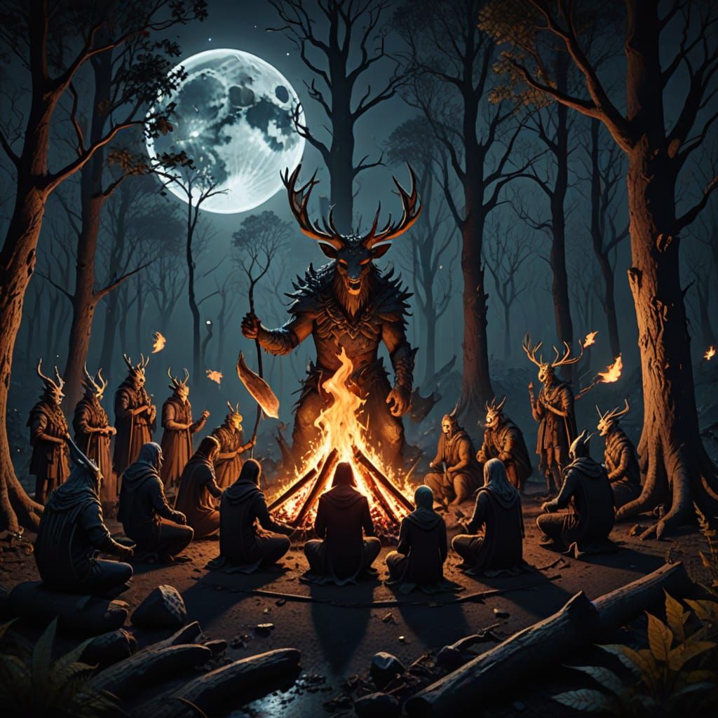 Mystical Beings Unite Under a Lunar Bonfire