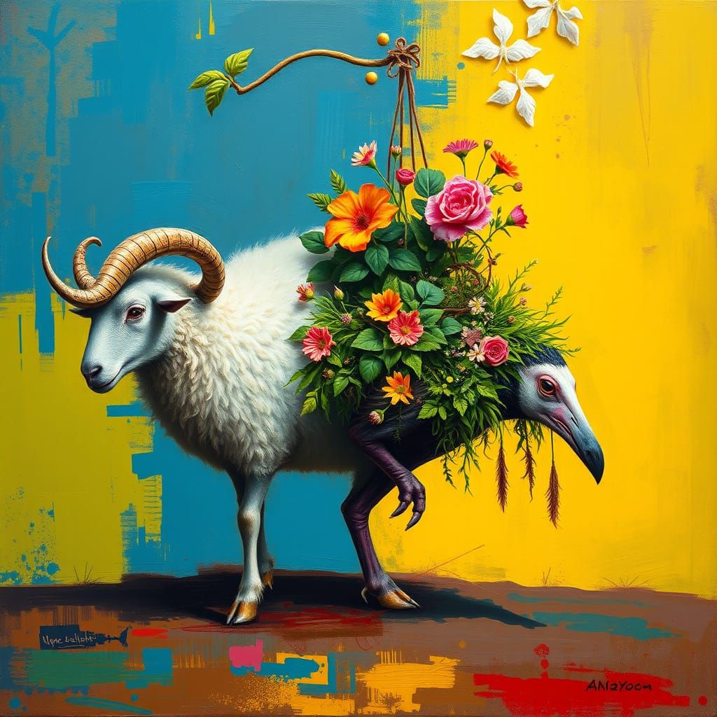 Whimsical Platypus with Sheep & Garden Abstract Art