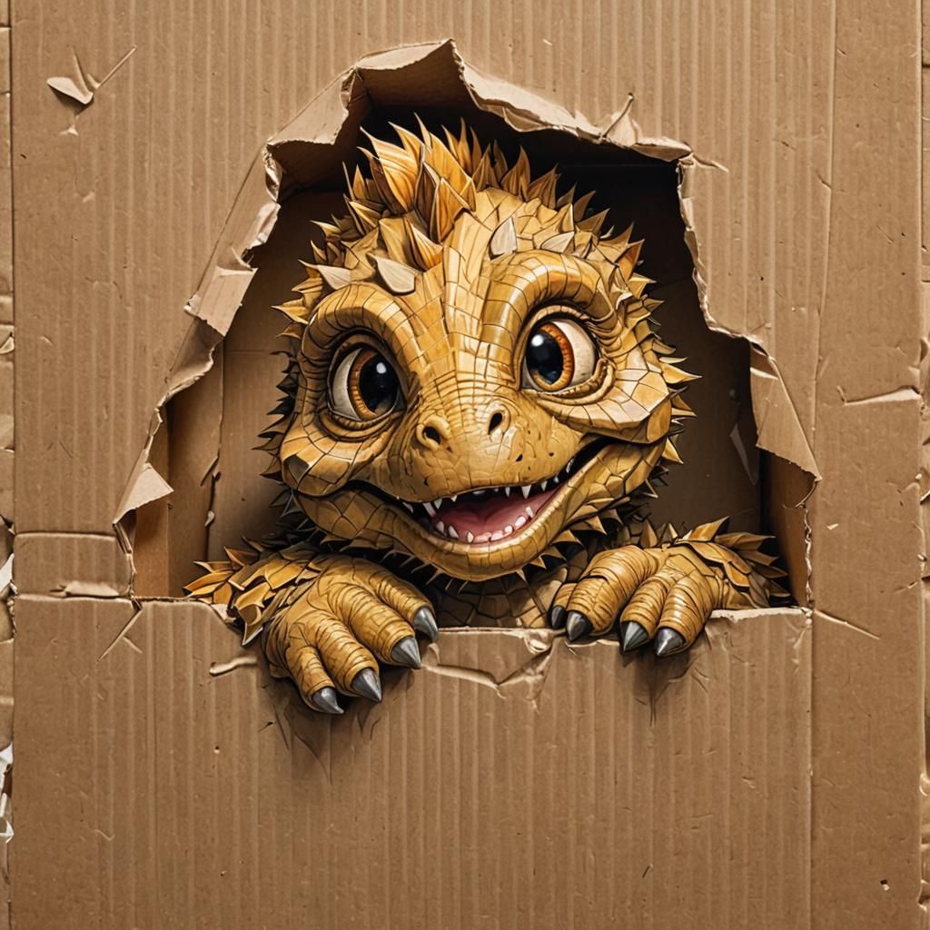 Baby Dinosaur Peeks Out From Box: Soft Realism