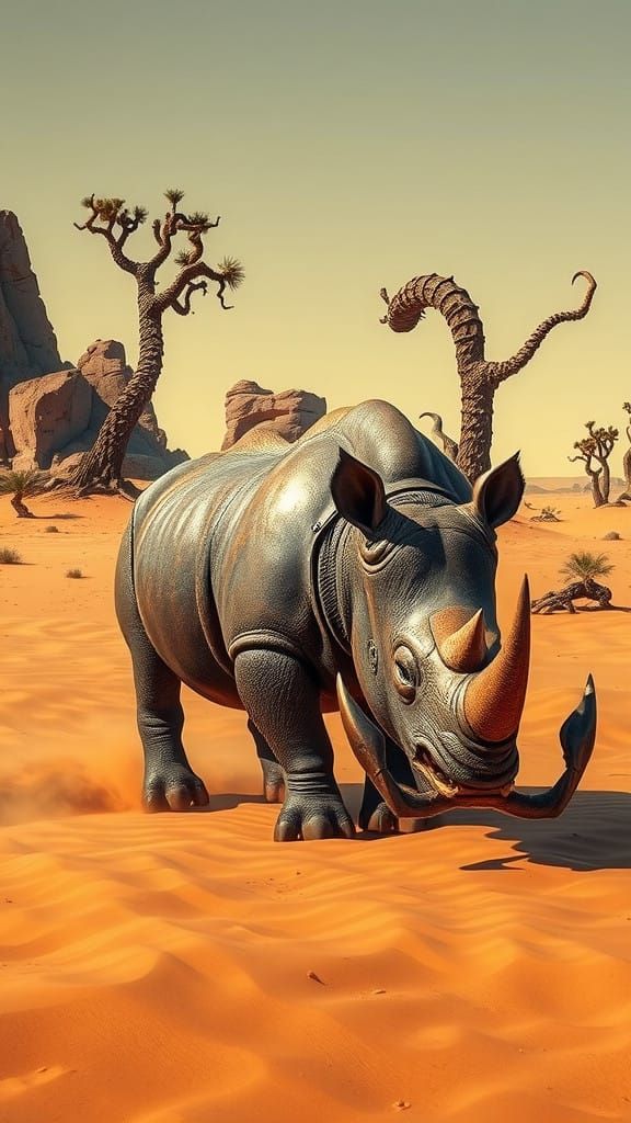 Majestic Rhino-Scorpion Hybrid in Desert Landscape